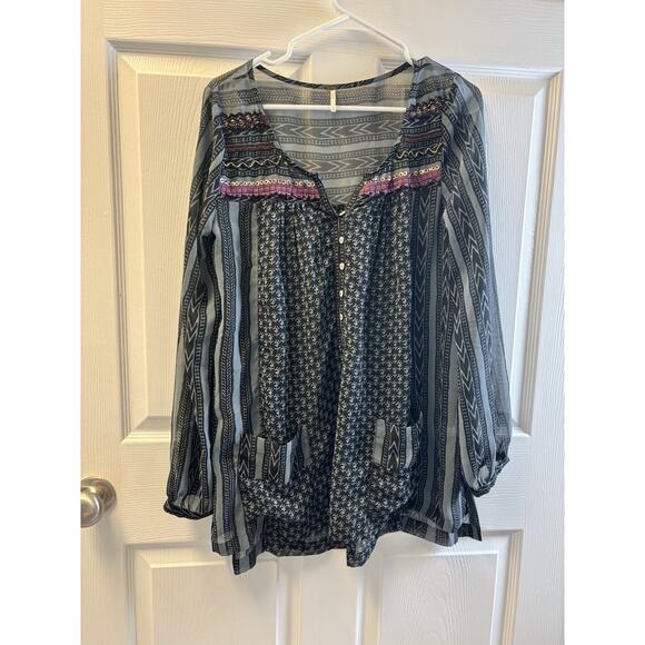 Free People Oversized Black Gray Sheer Blouse With Purple Beading Detail. Small - Picture 1 of 6